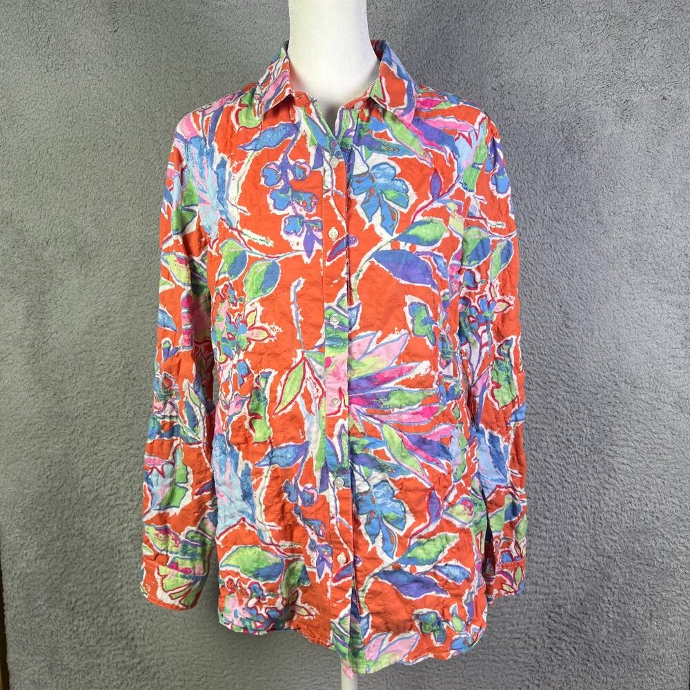 J McLaughlin Top Womens Small Orange Multicolor Floral Button Long Sleeve Preppy